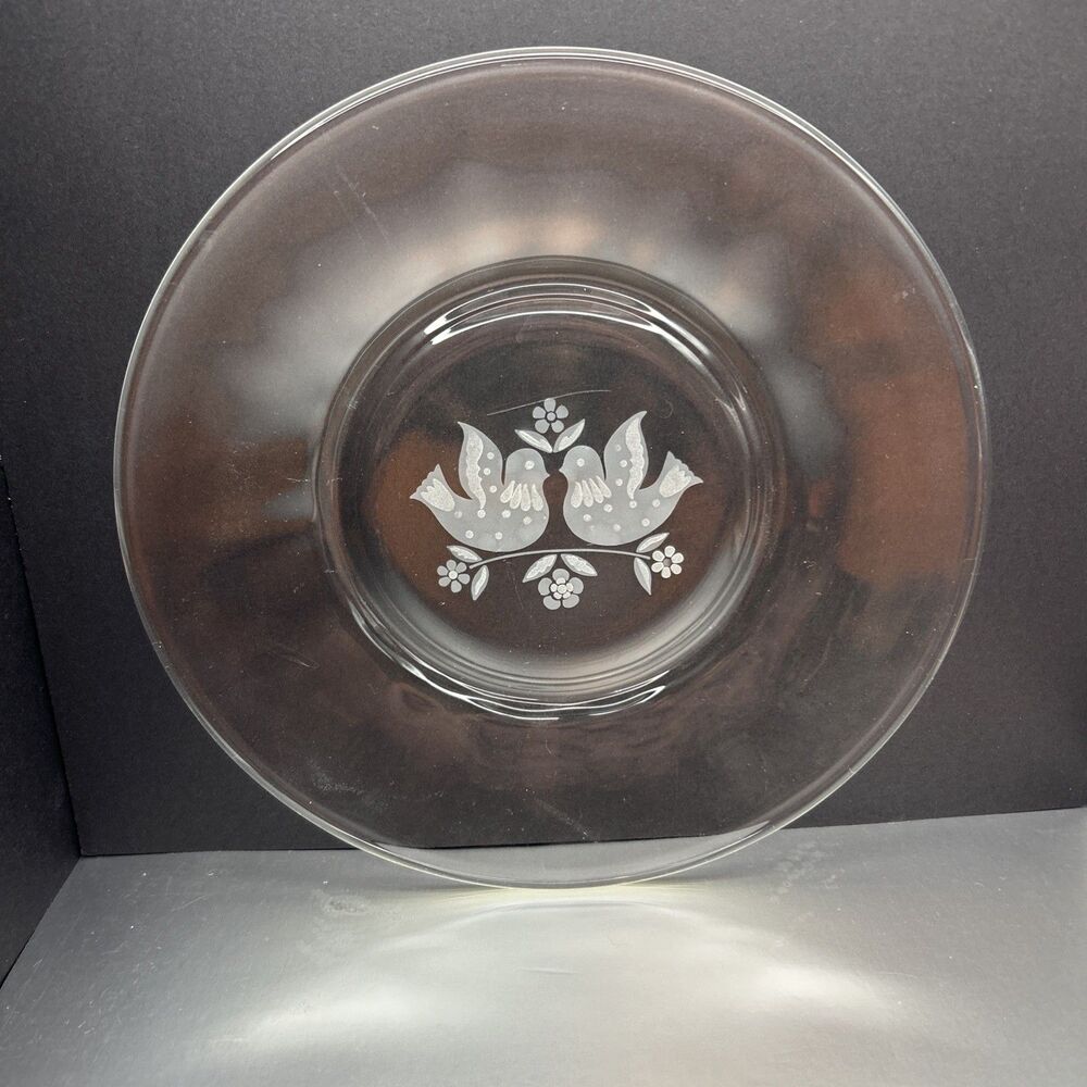 Glass Dessert Plate Etched Lovebirds & Flowers Design Set Of 6